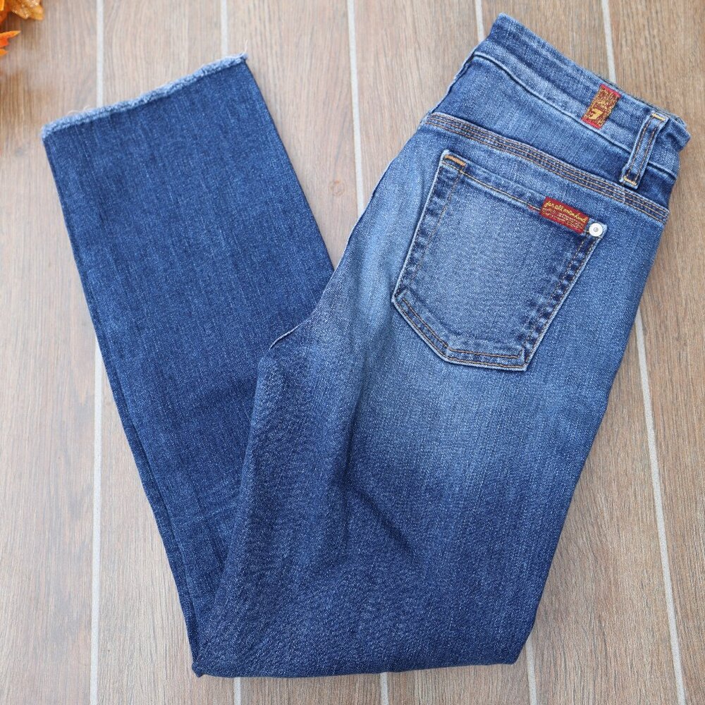 7 For All Mankind High Waist Cropped Vintage Straight Jeans Sz 25 Raw Hem USA!